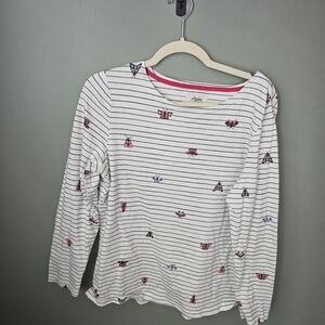 Joules Women's White Striped Long Sleeve Top with Butterfly Moth Print
